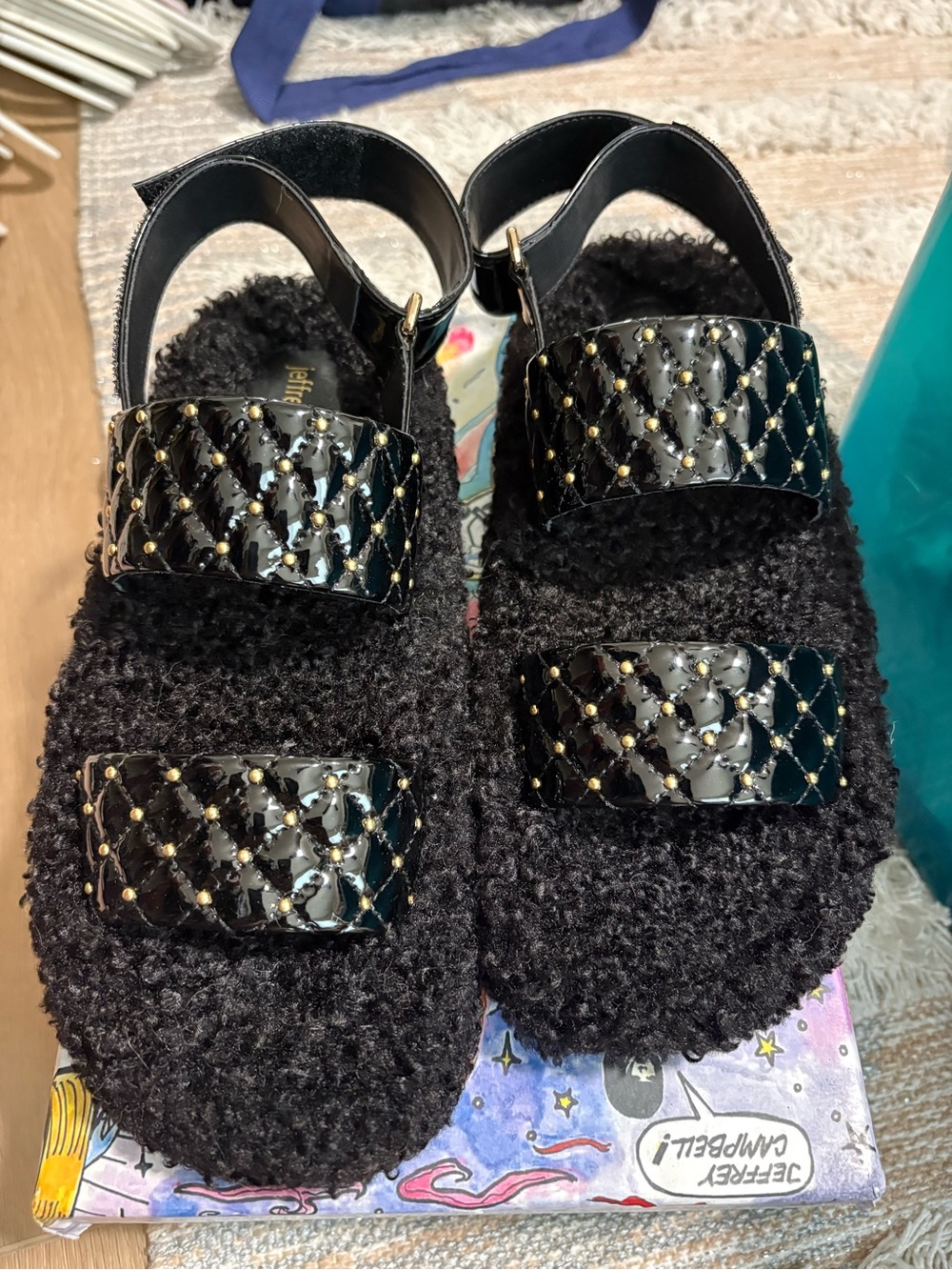 jeffrey campbell Black nubby Sandals with Quilted Patent Straps